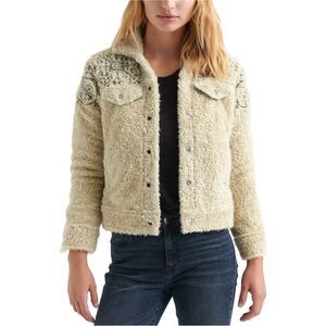 Lucky Brand Womens Sherpa Jean Fleece Jacket, Beige, XS, DM